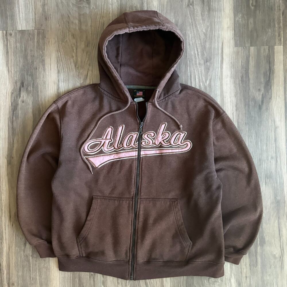 Vintage Brown Zip Up Hoodie Size L Boxy Alaska Faded Bleached Y2K 1990s